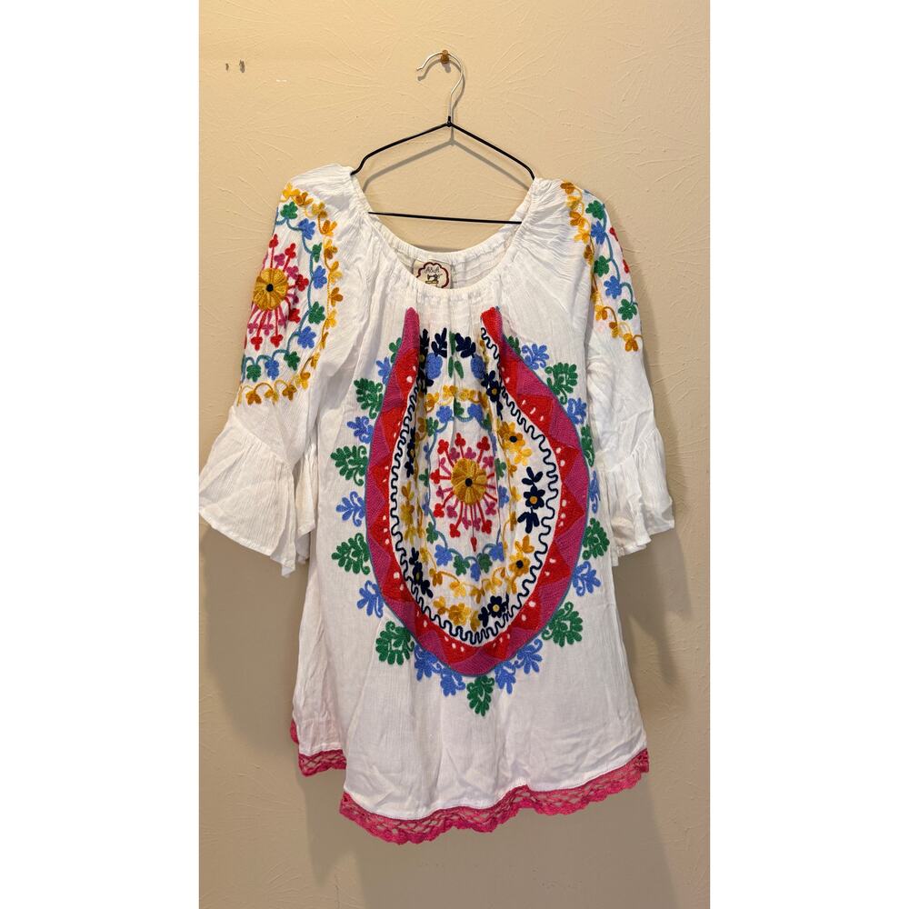 Boho Embroidered White Peasant Blouse with Multicolor Floral Motif